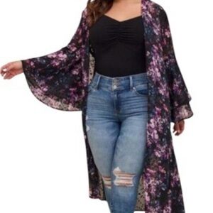 torrid Black Floral Draped Kimono with Pink & Blue Blooms